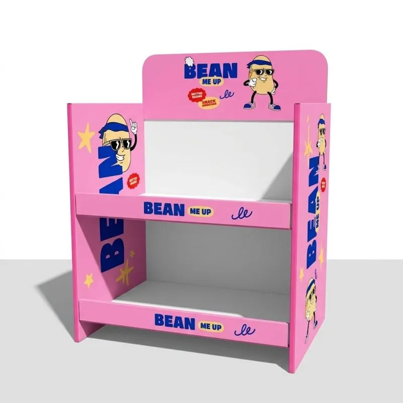 Atıştırmalık standı: pembe, iki raflı, maskotlu karton stand